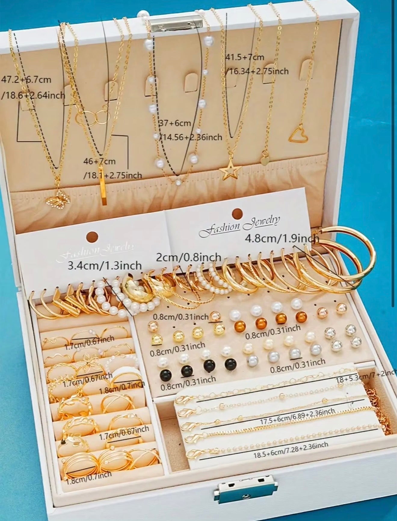 Dluxe 32-Piece Gold Pearl Jewelry Collection Box | Necklaces, Hoops, Rings & Earrings Set