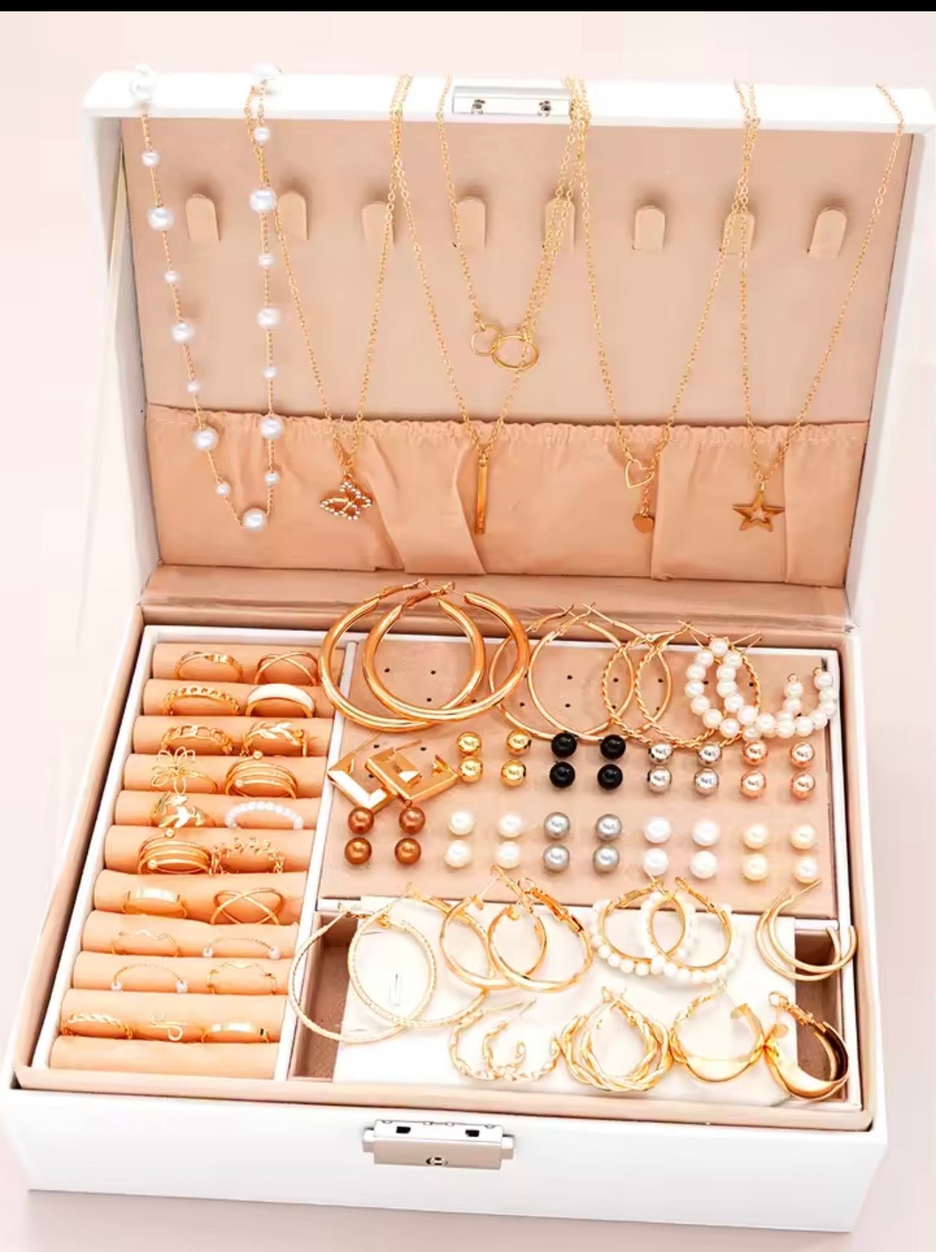 Dluxe 32-Piece Gold Pearl Jewelry Collection Box | Necklaces, Hoops, Rings & Earrings Set