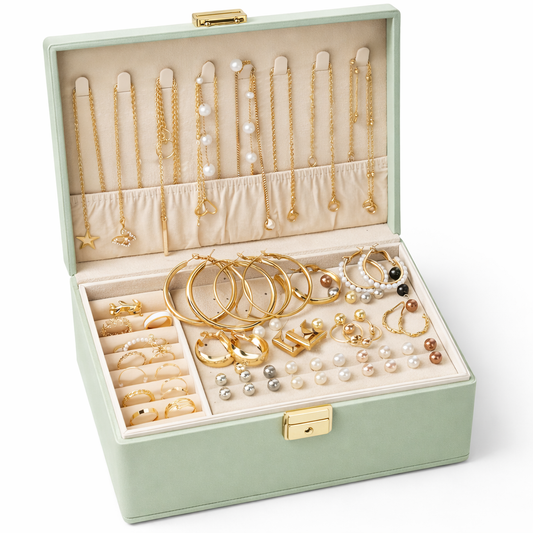Dluxe 32-Piece Gold Pearl Jewelry Collection Box | Necklaces, Hoops, Rings & Earrings Set