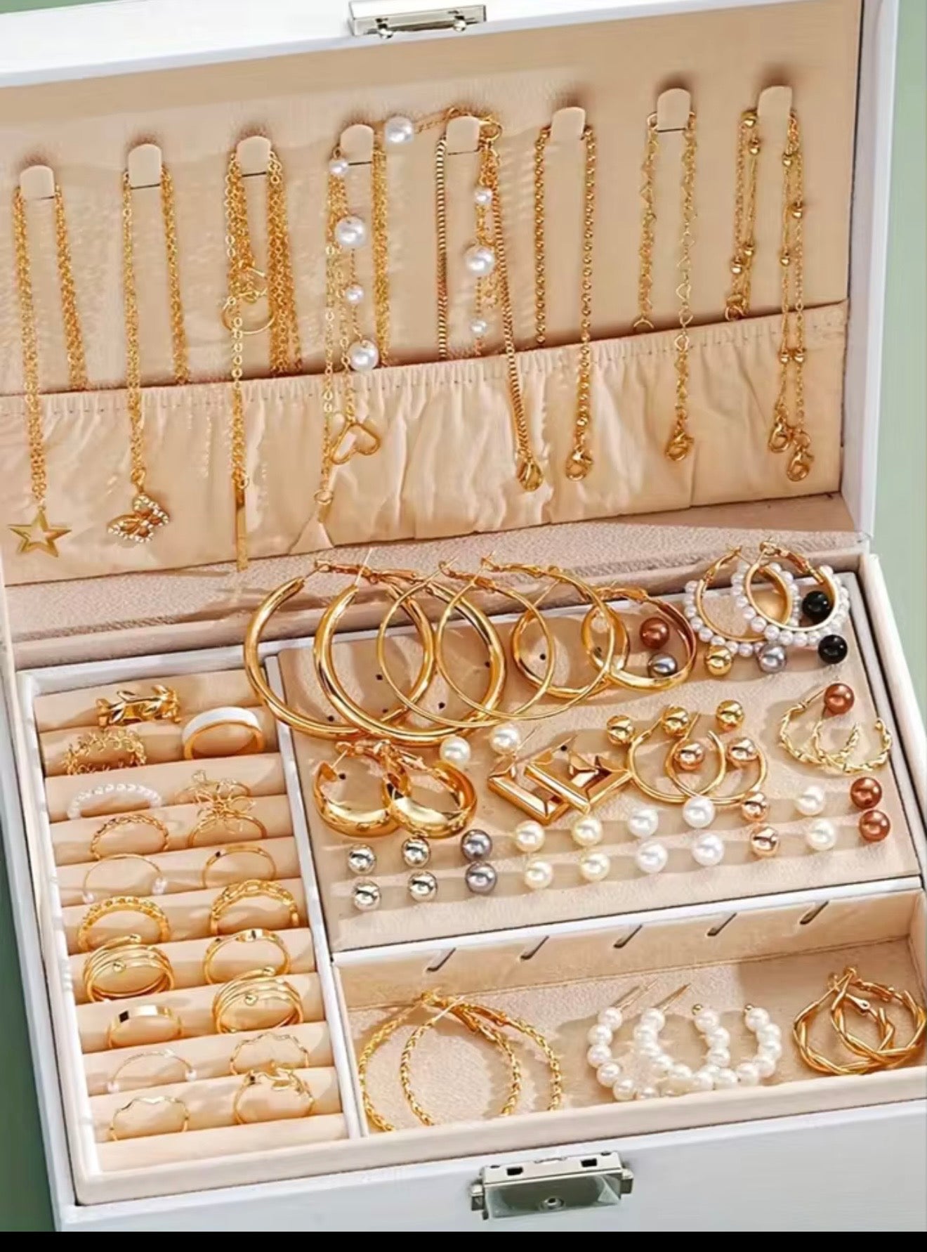 Dluxe 32-Piece Gold Pearl Jewelry Collection Box | Necklaces, Hoops, Rings & Earrings Set