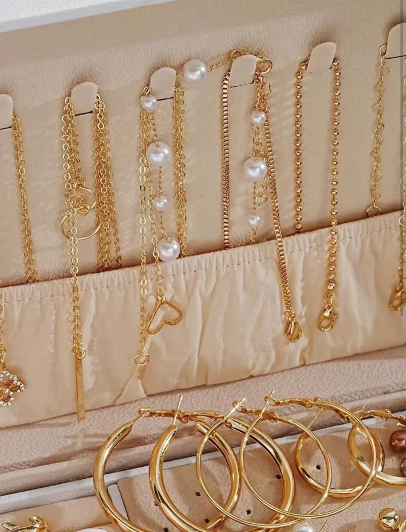 Dluxe 32-Piece Gold Pearl Jewelry Collection Box | Necklaces, Hoops, Rings & Earrings Set